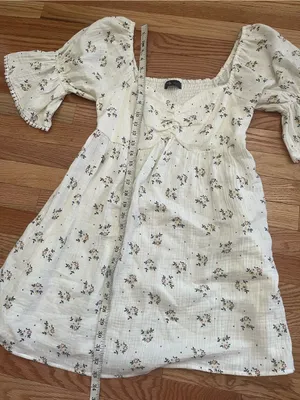 100% Cotton White Floral Gauze Babydoll Mini Dress Small Puff Sleeve Cottagecore thumbnail 5