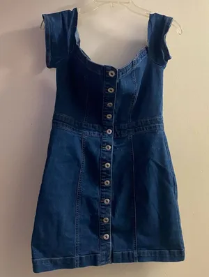 Girlish Brand Womens Juniors Dark Wash Blue Denim Mini Dress M Off The Shoulders thumbnail 1