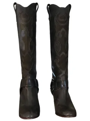 L.L. Bean Dark Brown Suede & Leather Western Style Heeled Calf High Boots (6.5) thumbnail 6