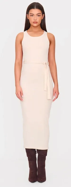 PrettyLittleThing Ribbed Open Back Waist Tie Midi Dress, Cream, Size 2, EUC thumbnail 1
