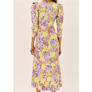 For Love and Lemons Cassia Dress Size 1X NWT Yellow Floral Ruched Midi Cocktail thumbnail 2