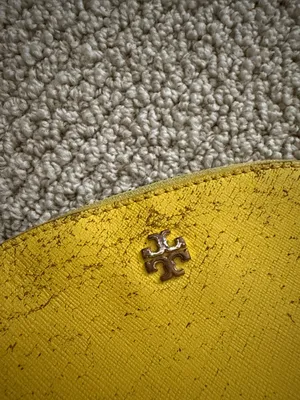 Tory Burch Yellow Leather Dome Cosmetic Case Small Pouch FLAWS thumbnail 2