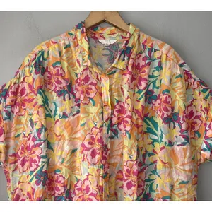 Bright Floral Linen Top Size XXL Button Up Shirt Tropical Summer Dopamine Resort thumbnail 2