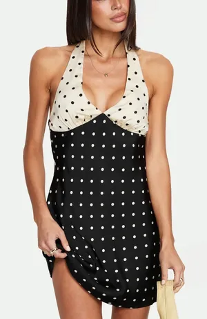 Princess Polly Rhiana black and white polka dot halter mini dress thumbnail 1