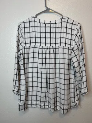 Wrangler Black and White Plaid Babydoll Blouse 3/4 Sleeve V-Neck Size Medium thumbnail 7