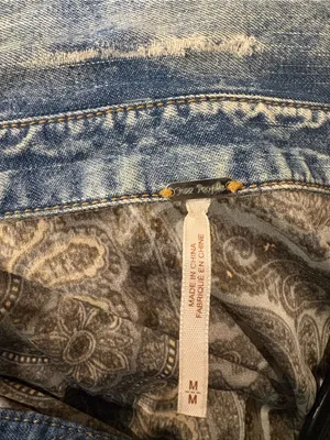 Free People Satin Paisley Button Up Blouse Denim Accents Sz M boho gray blue thumbnail 3