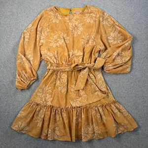 Flying Tomato Size Small Yellow Floral Elastic Waist Ruffle Tie Belt Mini Dress thumbnail 1