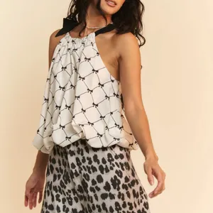 Davi & Dani Ribbon Checker Printed Tie Halter Neck Blouse Top‎ thumbnail 4