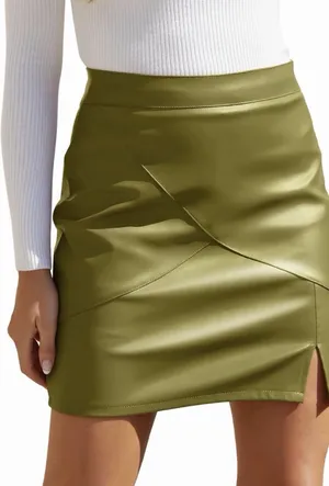 Women's Faux Leather High Waisted Skort Skirt w/Shorts Green Small thumbnail 1
