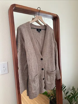 Banana Republic Wool Cotton Cardigan Chunky Knit Button Front Taupe Brown S thumbnail 2