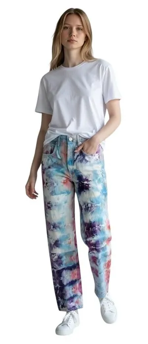 Zara Size 2 Jeans Handmade Tie Dye High Rise Relaxed Mom‎ Straight Boho 1375 thumbnail 1