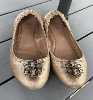 Tory Burch Melinda Ballet Flats Metallic Gold Leather Double T Logo Size 7.5 M thumbnail 1