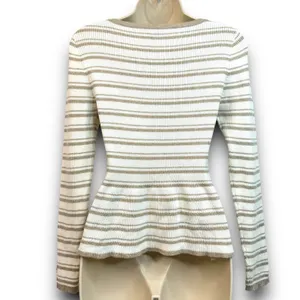 White House Black Market Cream Tan Striped Peplum Ribbed Knit Sweater Size Small thumbnail 5