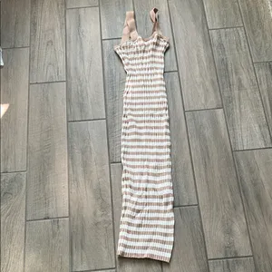 Chic Beige and White Striped Midi Dress thumbnail 2