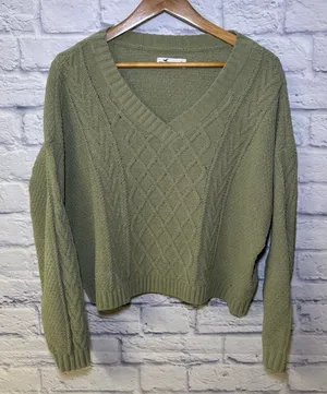 Hollister Women's Green Large V-Neck Cable-Knit Cardigan Hipster Teenager thumbnail 1