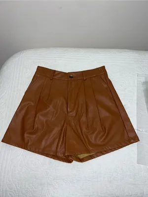 SHEIN Basics Brown Faux Leather Pleated High Rise Shorts Size M NWT thumbnail 2