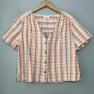 Gingham Plaid Cropped Top Size Petite Medium Button Up Cotton Country Preppy thumbnail 1