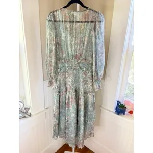 LoveShackFancy Floral Smocked Waist Tiered Midi Dress Sage Green XS thumbnail 3