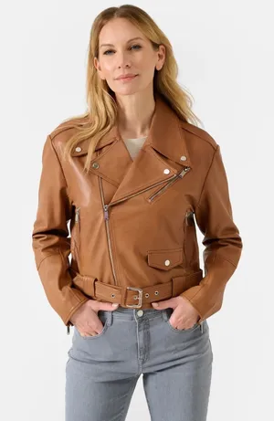Women's Love Tree Faux Leather Moto Jacket Camel‎ Belted Biker Minimalist S New thumbnail 1