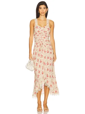 Cinq à Sept Stevie Dress Cherry Rose Multi Floral Lace Trim Midi Dress Womens 2 thumbnail 2