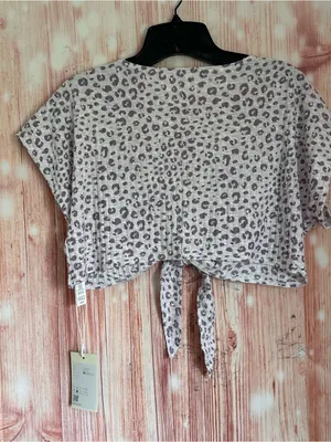 Halara White Tie-Front Short Sleeve Purple Leopard Print Cropped Lounge Top L thumbnail 7
