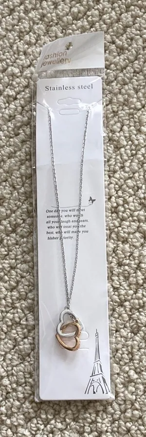 NEW Interlocking Heart Pendant Necklace Stainless Steel Love Double Silver NWT thumbnail 1