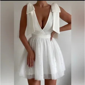 Showpo NWT Karalyn mini dress- bow strap plunge pearl detail size 6 thumbnail 2