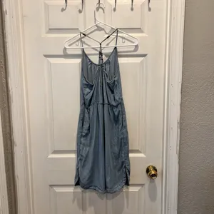 Maurices Light Wash Chambray‎ Halter Dress Beaded T-Back Empire Waist Blue Large thumbnail 7