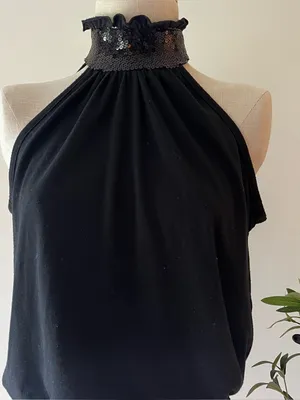 Y2K vintage Black Halter Neck Sequin neck Top Size M thumbnail 1