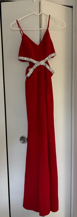 Red David's Bridal Prom Dress Long thumbnail 1