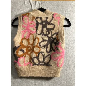 PacSun Floral Sweater Vest Womens Small Tan Pink Fuzzy Knit Mock Neck Crop Boho thumbnail 5