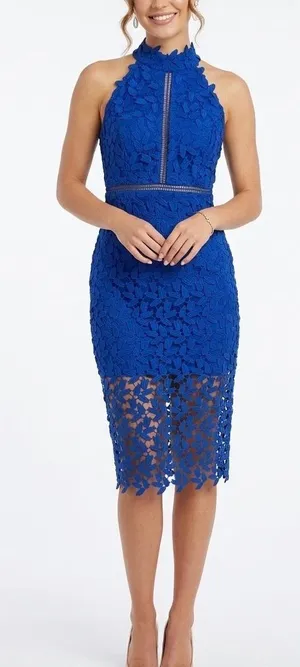 Bardot Gemma Cobalt Blue Lace Halter Midi Dress Size 6 thumbnail 1