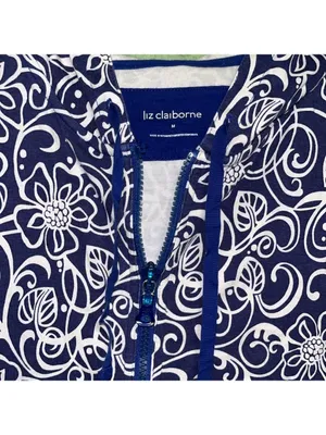 Vintage Liz Claiborne Navy White Floral Boho Hoodie jacket lightweight cruise thumbnail 3