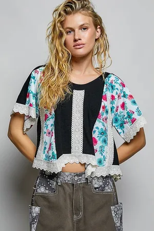 POL Round Neck Ribbed‎ Cropped Top with Lace Detail - Medium thumbnail 1