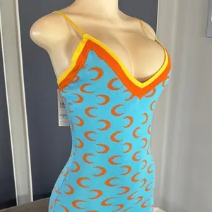 Women’s Blue BodyCon Mini Dress Crescent Pattern Adjustable Straps Size S NWT thumbnail 2