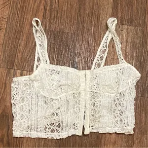 Tic Toc Womens Sheer White Lace Crop Tank Top S 32” Coquette Hook & Eye Front thumbnail 1