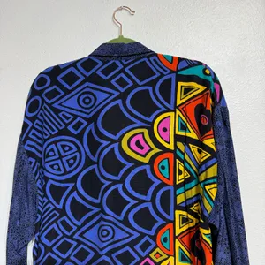 Platinum Blue Abstract Geometric Oversized Colorblock Button Down Blouse Sz M thumbnail 7