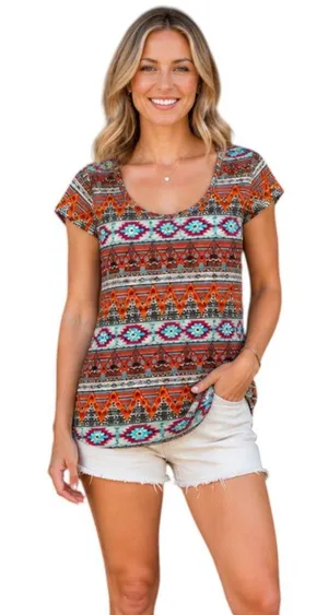 Pink Rose Multicolor Printed Boat Neck Short Sleeve Top, M thumbnail 1