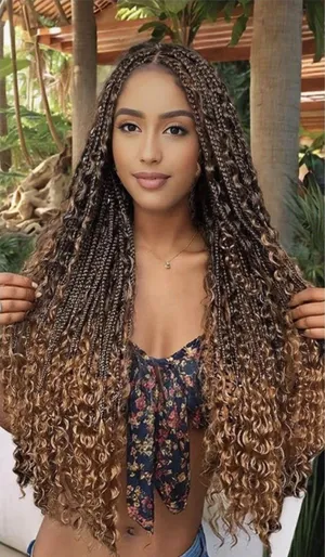 Boho Goddess Box Braids Hair Extensions - Ombre Curly Crochet Braids - New thumbnail 1