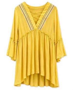 Hazel Embroidered Beach Cover Up Tunic Bell Sleeve Yellow Rayon Women's M NWT thumbnail 1