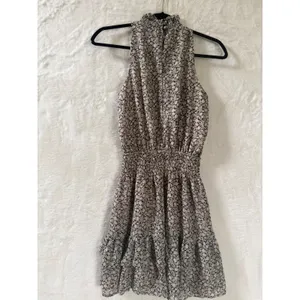 Olivia Grey Floral Smocked High Neck Mini Dress Tan Black Sleeveless‎ XS thumbnail 6