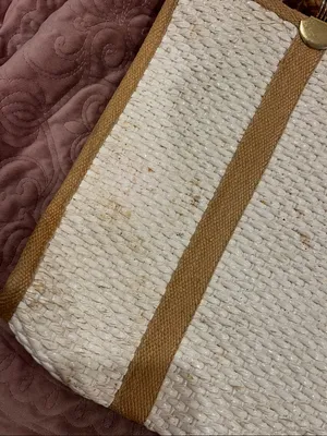 Handmade Woven Cream Tote with Tan Trim and Braided Handles thumbnail 3