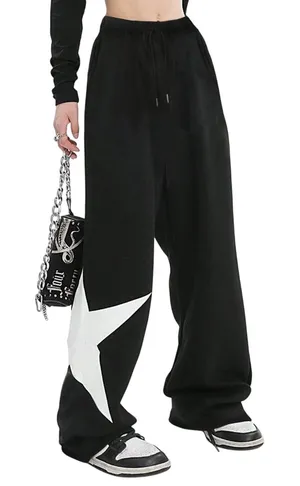 Women's Star Pattern Casual Loose Sweatpants in Black, Size S thumbnail 1