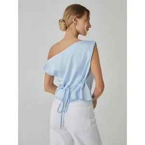 Commense Minimalist Satin One Shoulder Off Knotted Blouse Light Blue NWT Large thumbnail 7