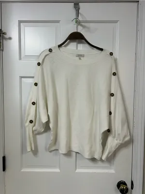 Cupio Cream Ribbed Crewneck Sweater with Button-Trim Sleeves thumbnail 2