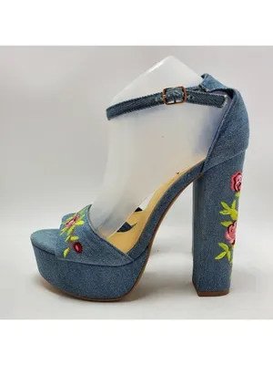 Heart in D Blue Denim Floral Embroidered Platform Heels Sandals Size 8 thumbnail 2