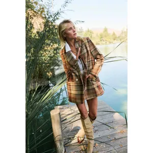 Free People Wool Mari Tartan Plaid Blazer Winter Wheat Large Dark Academia thumbnail 7