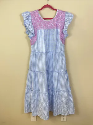 J. Marie Blue Gingham Plaid Flutter Sleeves Floral Embroidery Tiered Midi Dress thumbnail 9