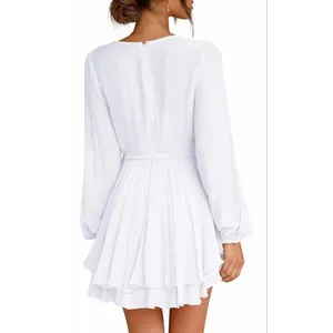 NEW Deep V-Neck Long Sleeve Belted Ruffle Mini Swing Dress S thumbnail 2