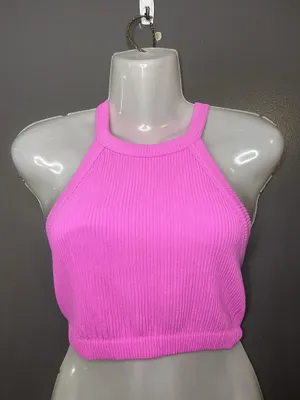 Aerie Sports Bra Womens Small Pink Ribbed Knit High Neck Racerback Cropped thumbnail 1